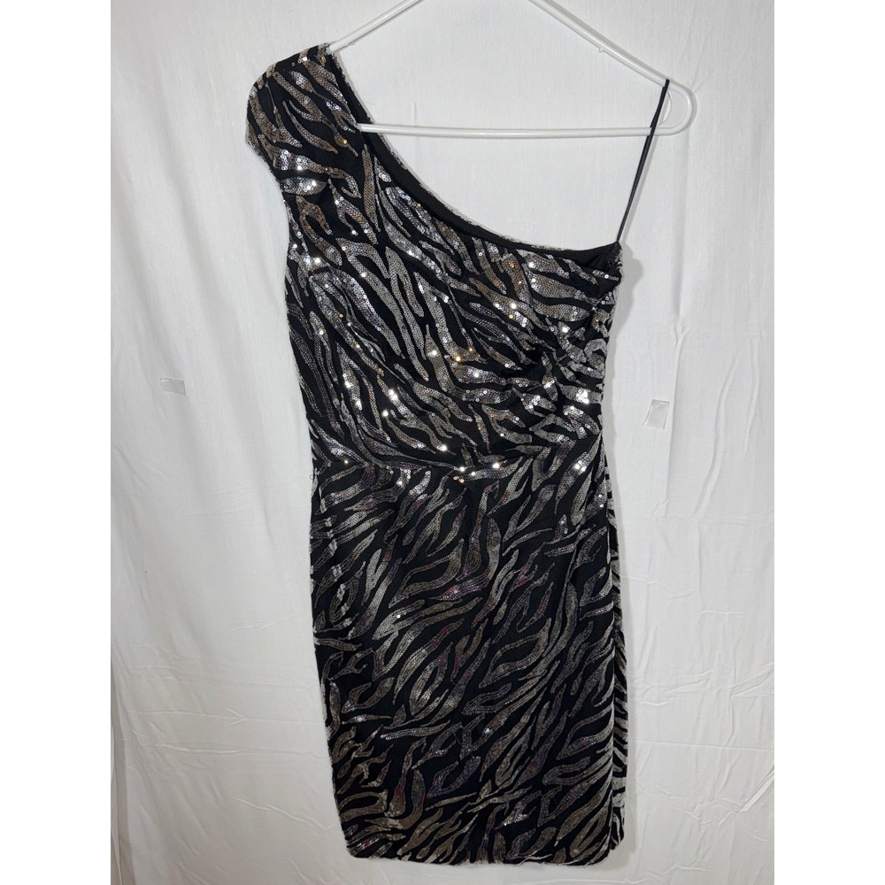Jovani Sequin One Shoulder Dress Party Cocktail Bodycon Zebra Print NWT